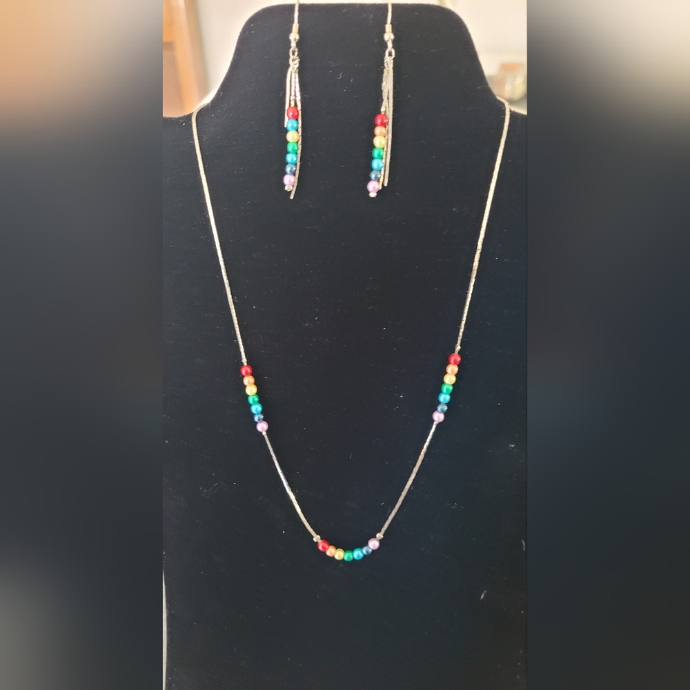 Colorful Beaded Sterling Silver Earrings and Necklace Set